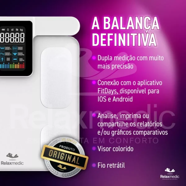 Balança Bioimpedância 8 eletrodos Corporal Digital Bodyscan - Relaxmedic Cor Branca